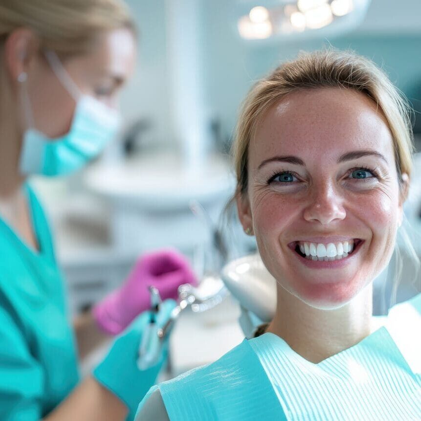 A cheerful dental patient smiles brightly while sitting in a modern dentist office, reflecting a positive and comfortable experience in oral hygiene and health maintenance.